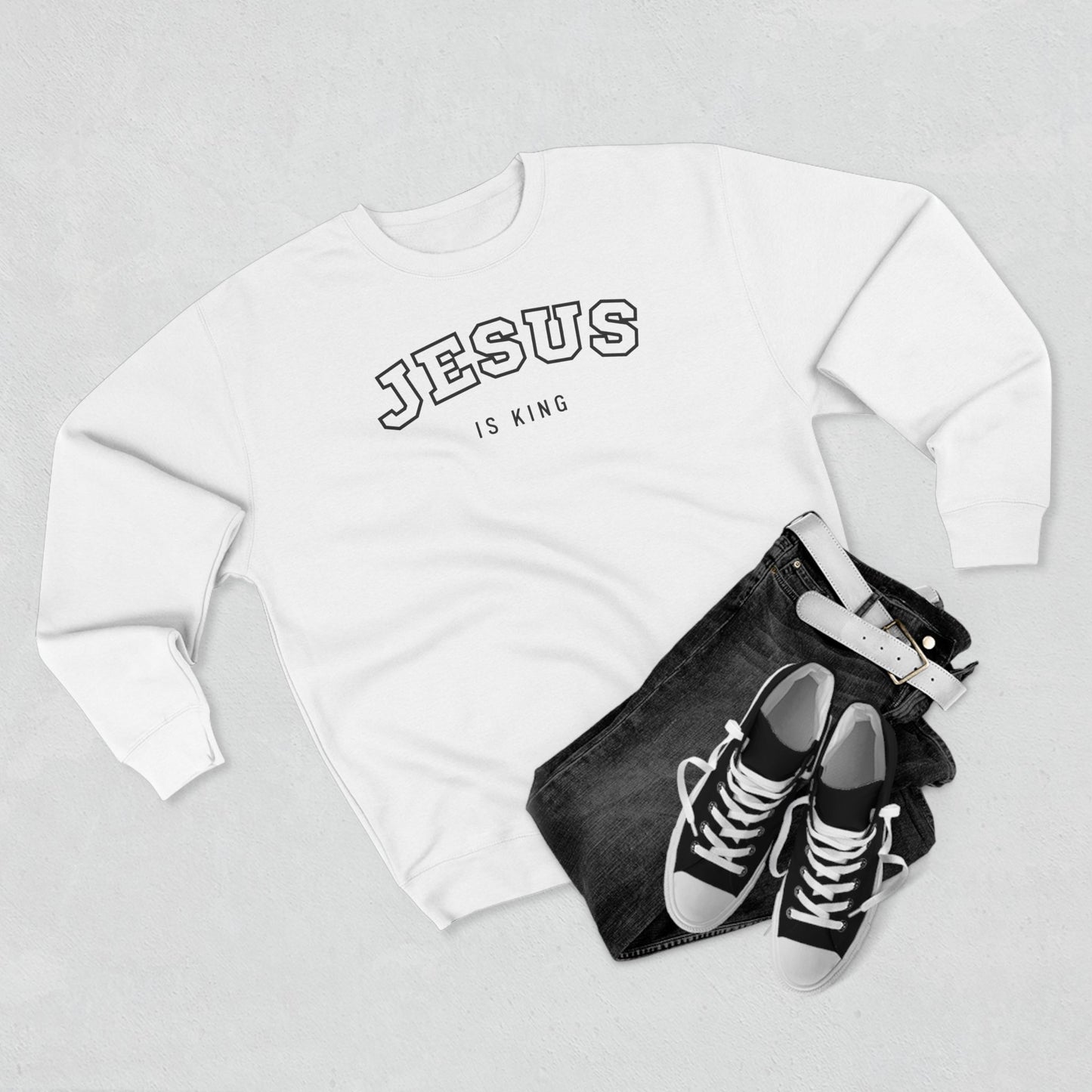 Jesus is King – (Varsity-style font) Women's Premium Sweatshirt