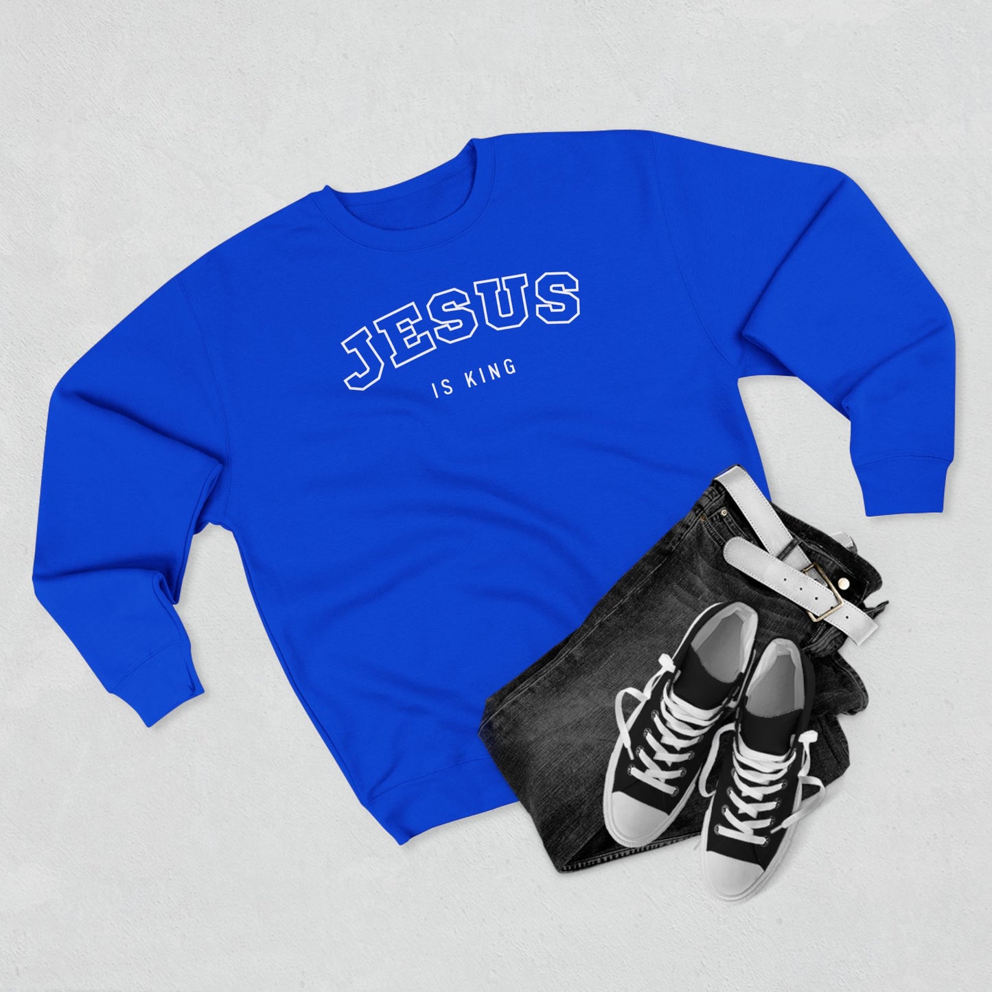 Jesus is King  – (Varsity-style font) Men's Premium Sweatshirt