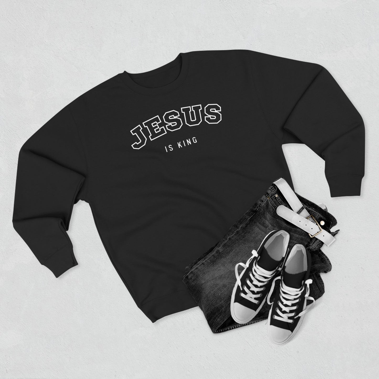 Jesus is King  – (Varsity-style font) Men's Premium Sweatshirt